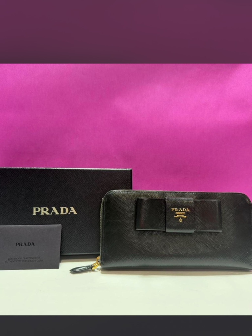 Prada Black Saffiano Leather Zip Wallet with Bow Detail